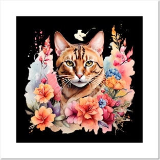 A bengal cat decorated with beautiful watercolor flowers Posters and Art